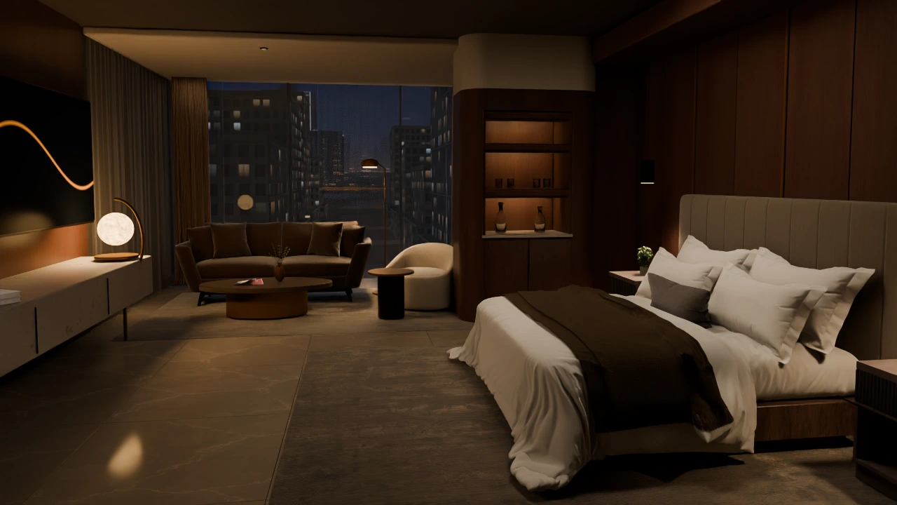 A warmly lit LIMI suite with a bed, lounge and guest television