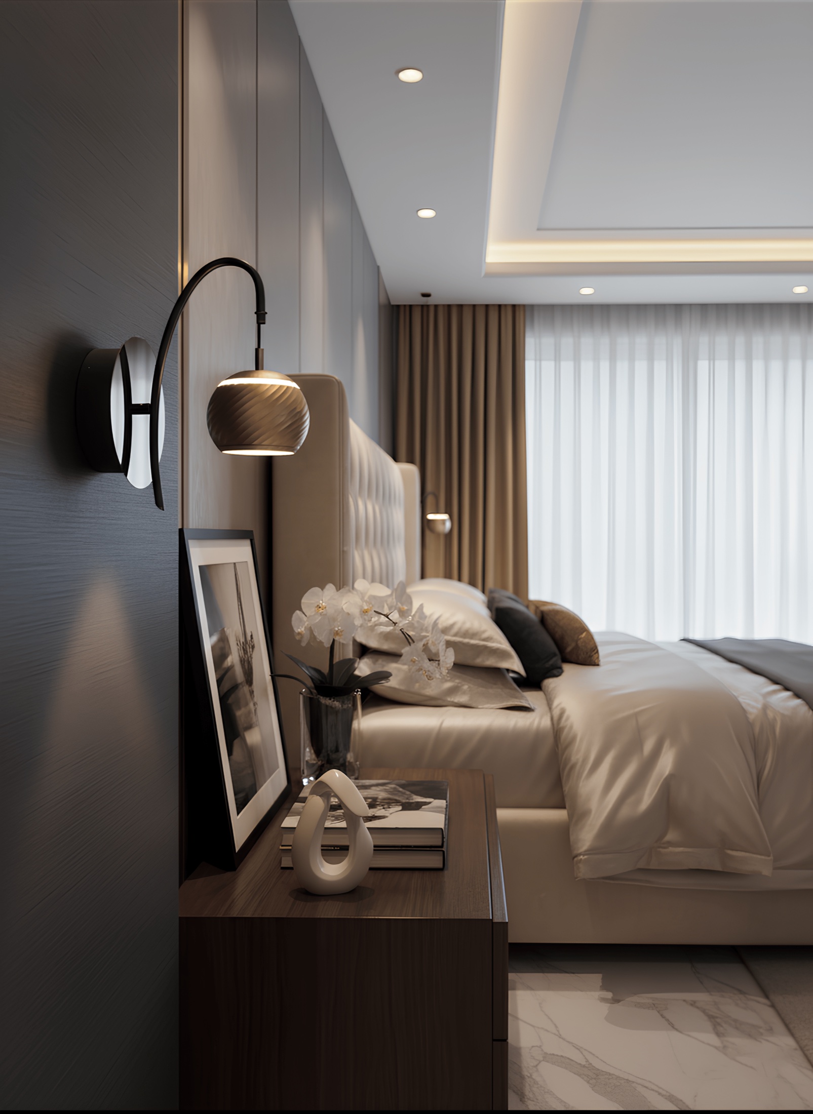 A LIMI wall sconce beside a bed